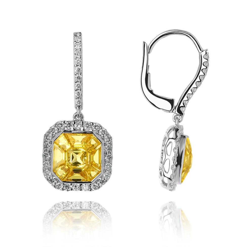 Odyssey 18ct White Gold Yellow Sapphire and Diamond Cluster Earrings Thumbnail Image 0