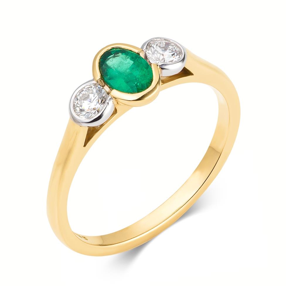 18ct Yellow Gold Oval Emerald and Diamond Three Stone Engagement Ring Thumbnail Image 0