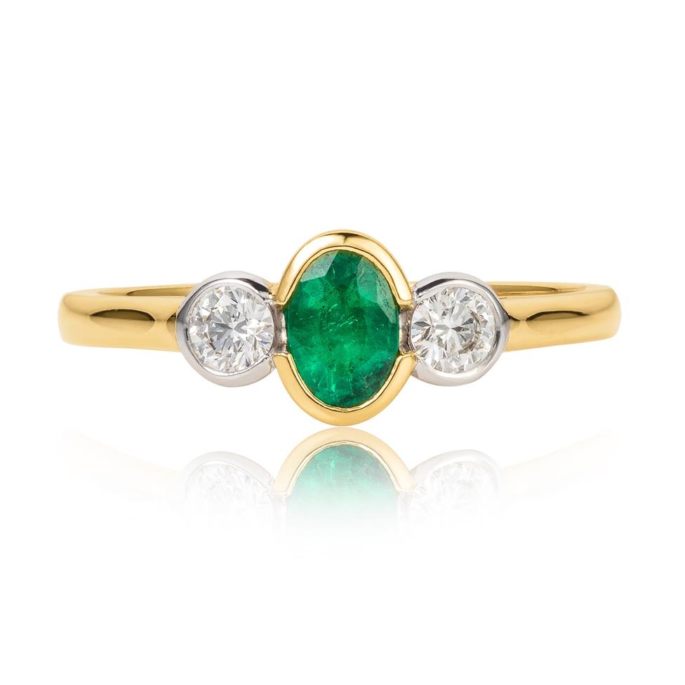 18ct Yellow Gold Oval Emerald and Diamond Three Stone Engagement Ring Thumbnail Image 1