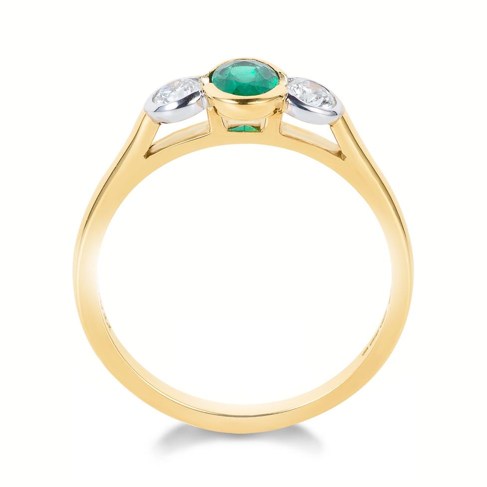 18ct Yellow Gold Oval Emerald and Diamond Three Stone Engagement Ring Thumbnail Image 2