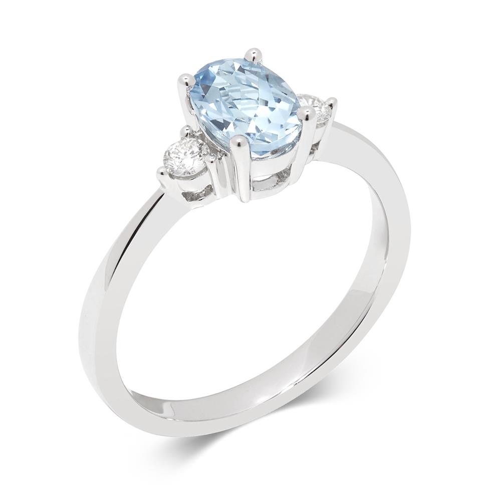 18ct White Gold Aquamarine and Diamond Three Stone Ring Thumbnail Image 0