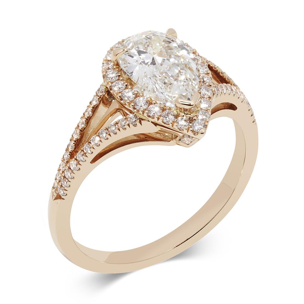 18ct Rose Gold Split Shoulder Design Pear Shape Diamond Halo Dress Ring 1.20ct Thumbnail Image 0