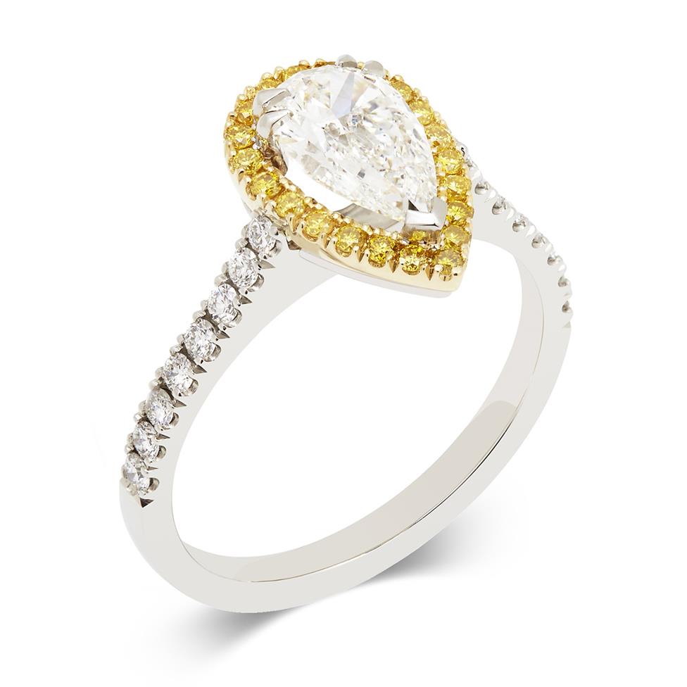 Platinum Vintage Inspired Pear Shape Yellow Diamond Halo Ring Thumbnail Image 0