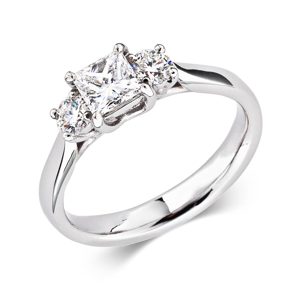 Platinum Round Princess Cut  0.85ct Diamond Three Stone Ring Thumbnail Image 0