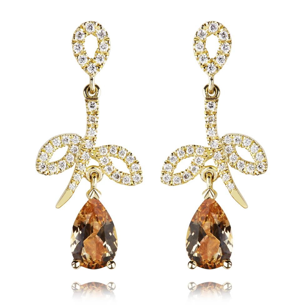 18ct Yellow Gold Flower Design Topaz and Diamond Drop Earrings Thumbnail Image 0