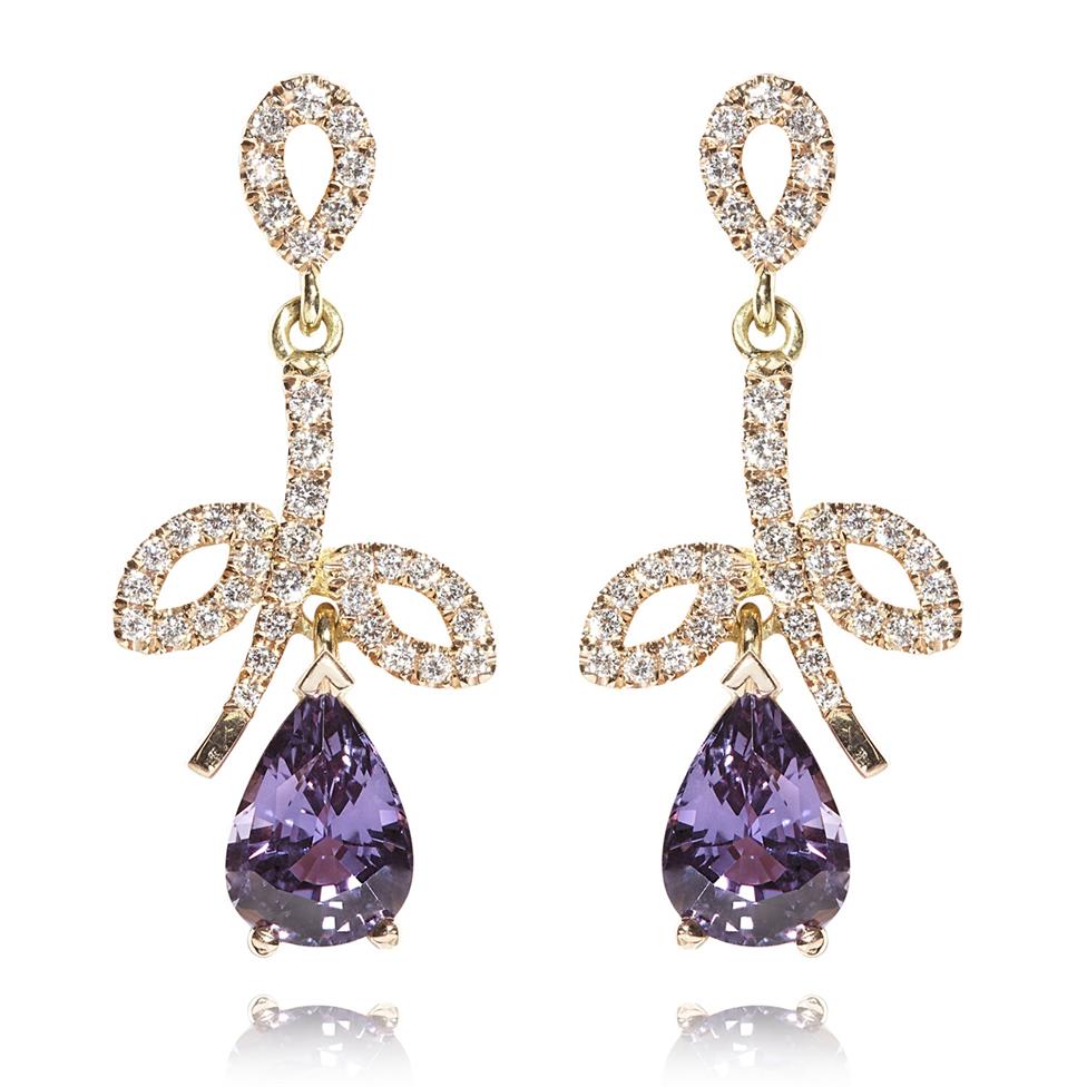 18ct Rose Gold Flower Design Violet Sapphire and Diamond Drop Earrings Thumbnail Image 0