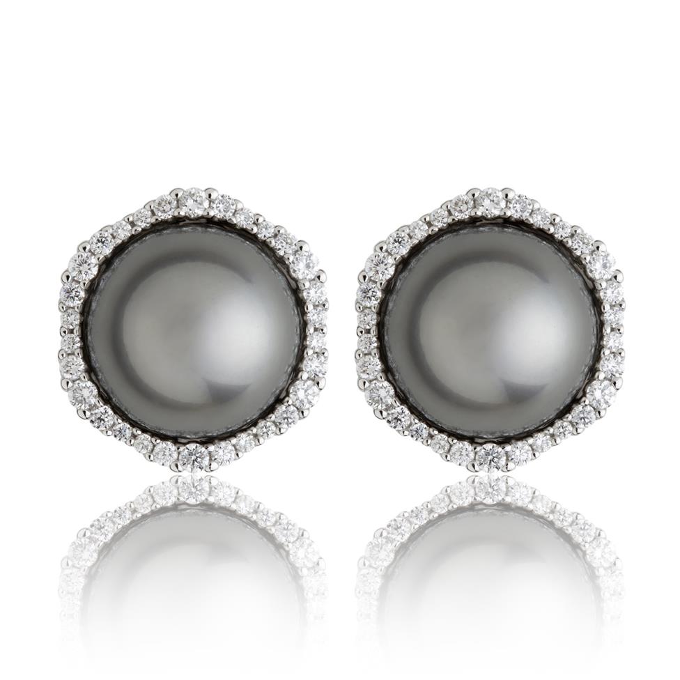 Rhea 18ct White Gold Tahitian Pearl and Diamond Halo Earrings Thumbnail Image 0