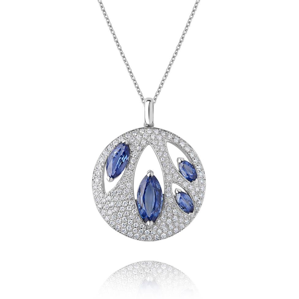 18ct White Gold Blue Sapphire and Diamond Round Pendant Thumbnail Image 0
