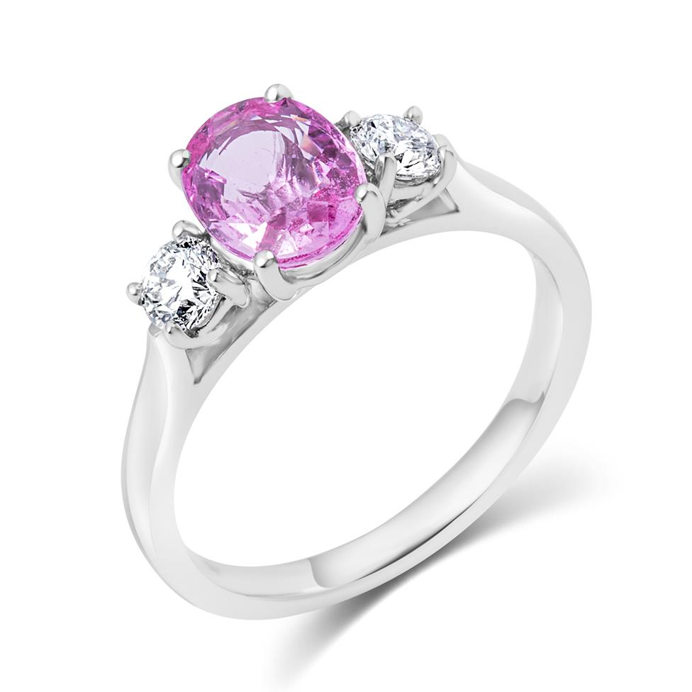 Platinum Pink Sapphire and Diamond Three Stone Ring Thumbnail Image 0