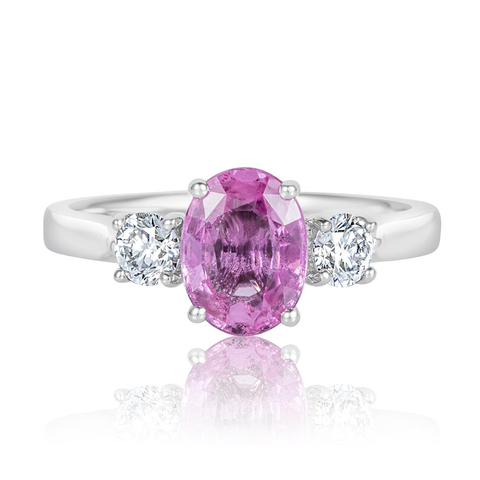 Platinum Pink Sapphire and Diamond Three Stone Ring Thumbnail Image 1