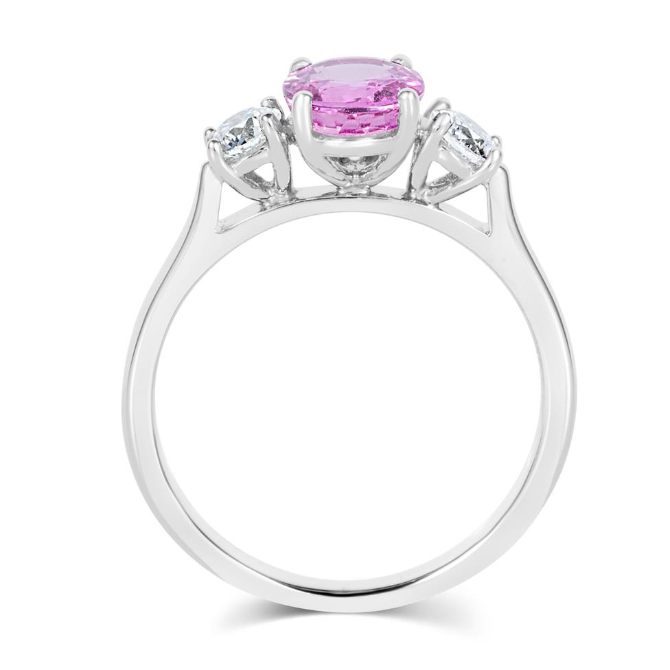 Platinum Pink Sapphire and Diamond Three Stone Ring Thumbnail Image 2