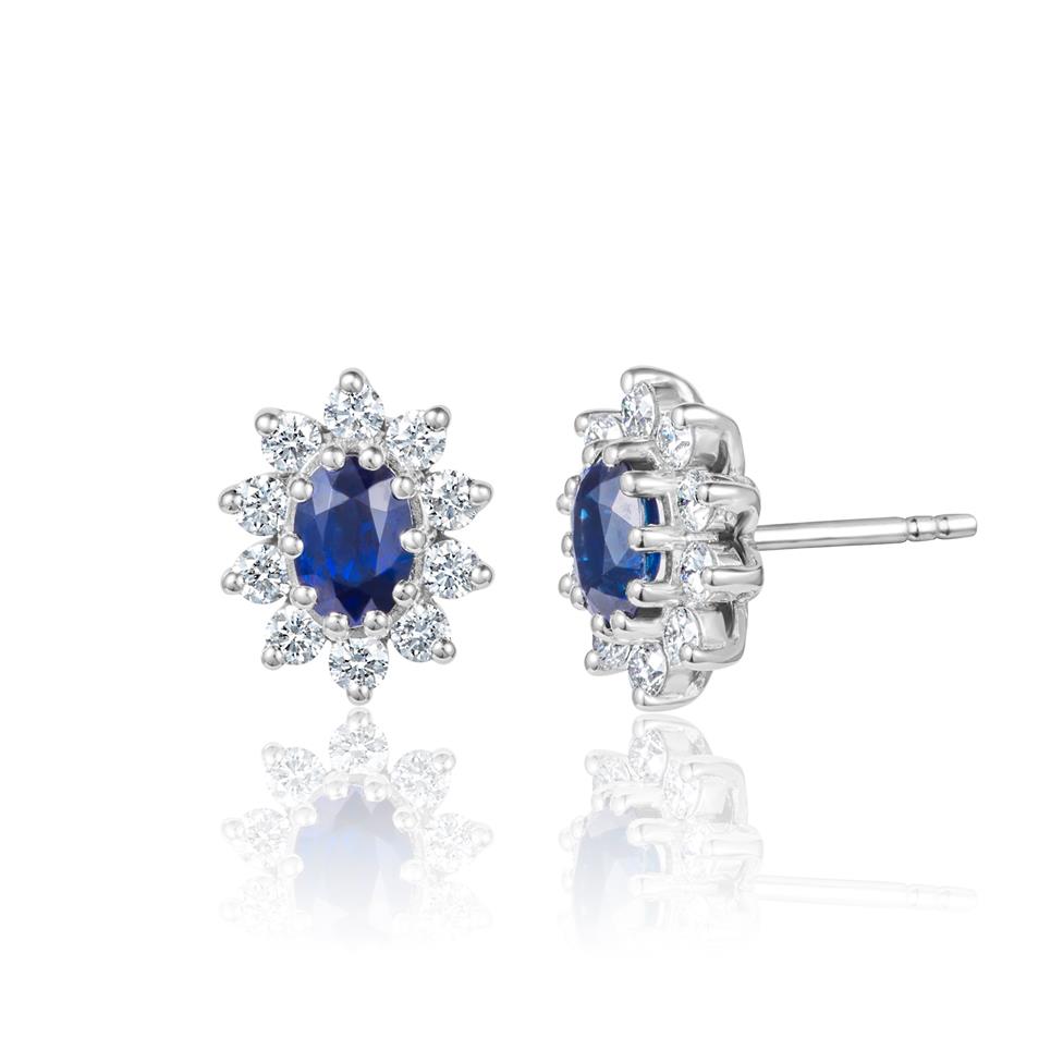 18ct White Gold Oval Sapphire and Diamond Cluster Stud Earrings Thumbnail Image 0