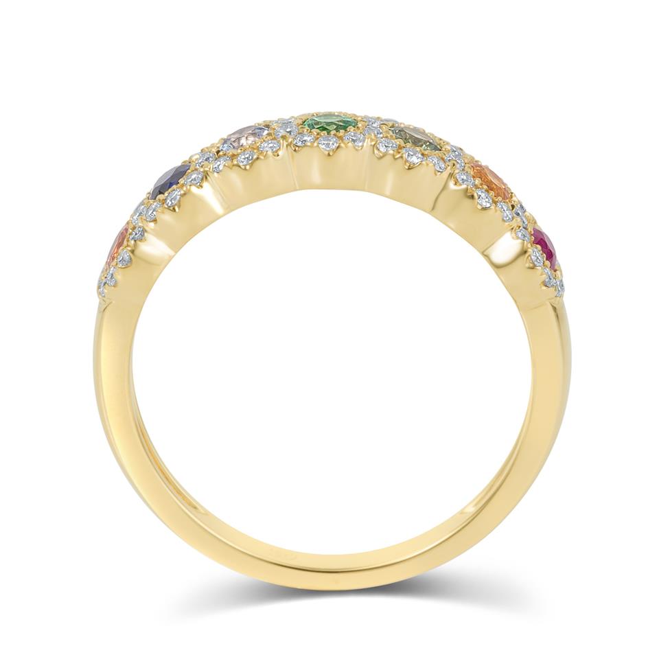 Samba 18ct Yellow Gold Halo Detail Rainbow Sapphire and Diamond Dress Ring Thumbnail Image 3