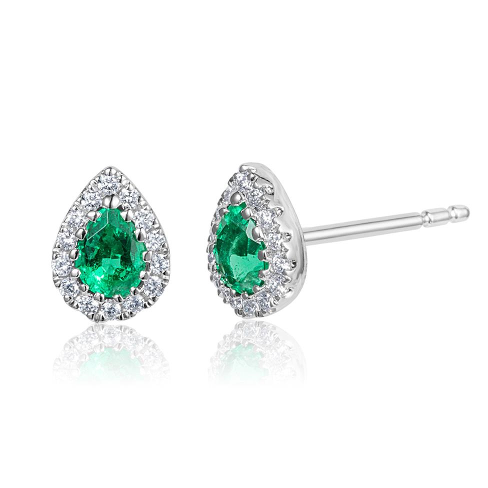 18ct White Gold Pear Shape Emerald and Diamond Cluster Stud Earrings Thumbnail Image 0