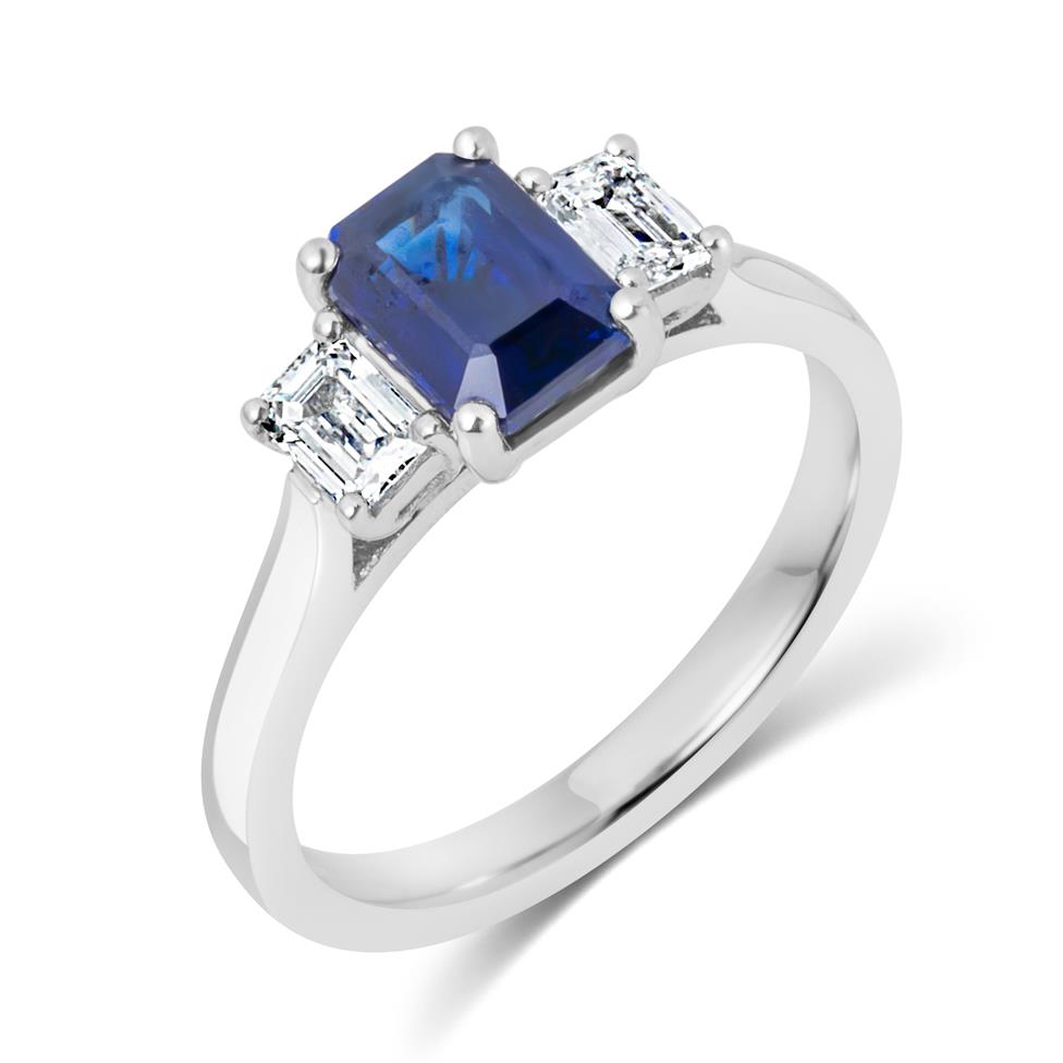Platinum Emerald Cut Sapphire and Diamond Three Stone Engagement Ring Thumbnail Image 0