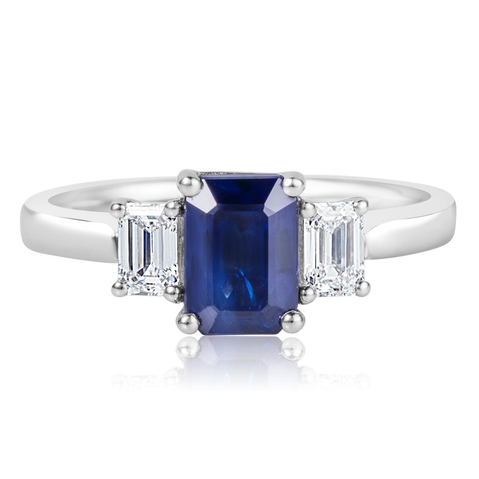 Platinum Emerald Cut Sapphire and Diamond Three Stone Engagement Ring Thumbnail Image 1