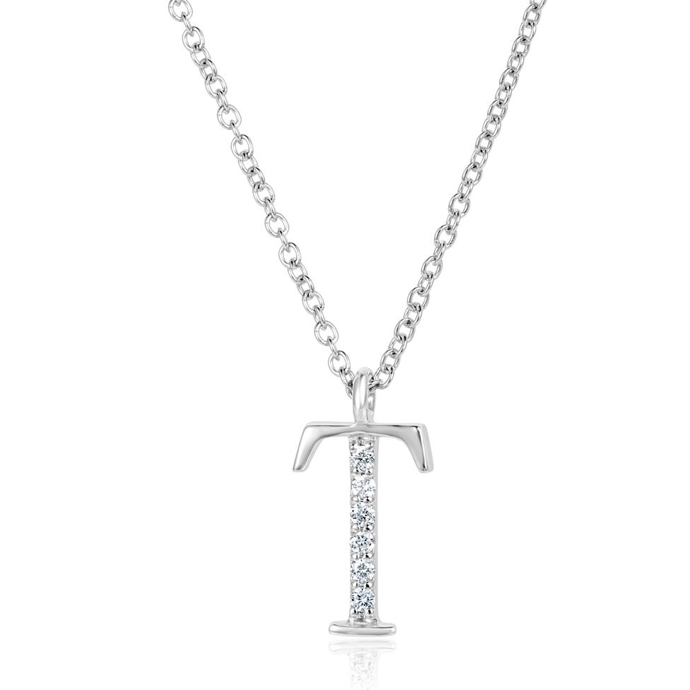 18ct White Gold Diamond Initial Necklace T Thumbnail Image 0