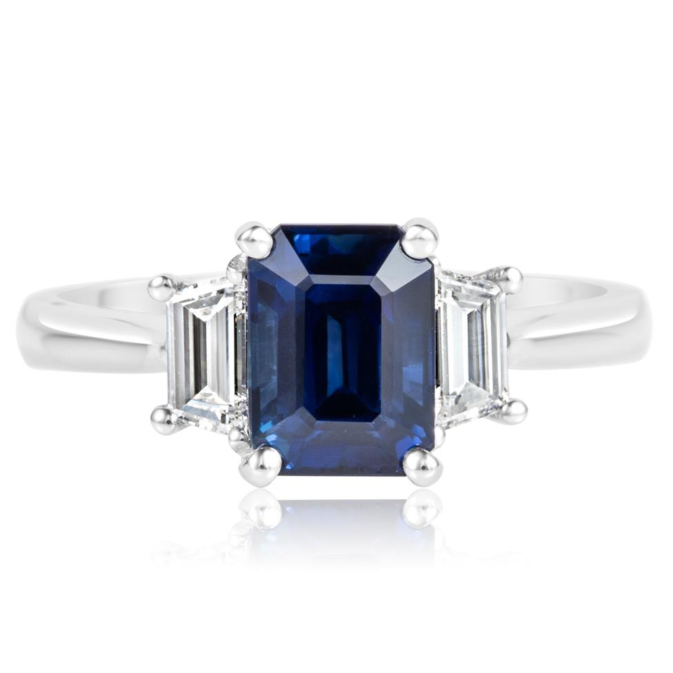 Platinum Sapphire and Trapezium Cut Diamond Three Stone Engagement Ring Thumbnail Image 2