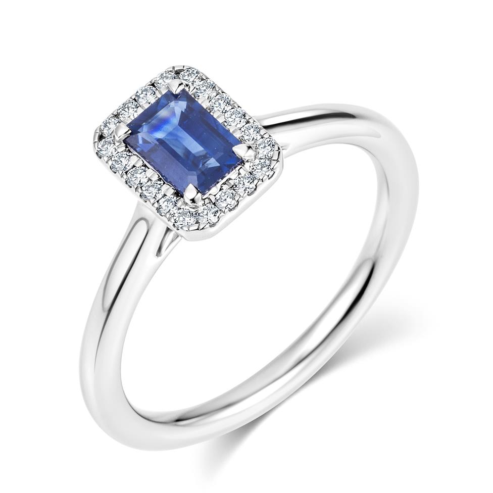 Platinum Emerald Cut Sapphire and Diamond Halo Engagement Ring Thumbnail Image 0