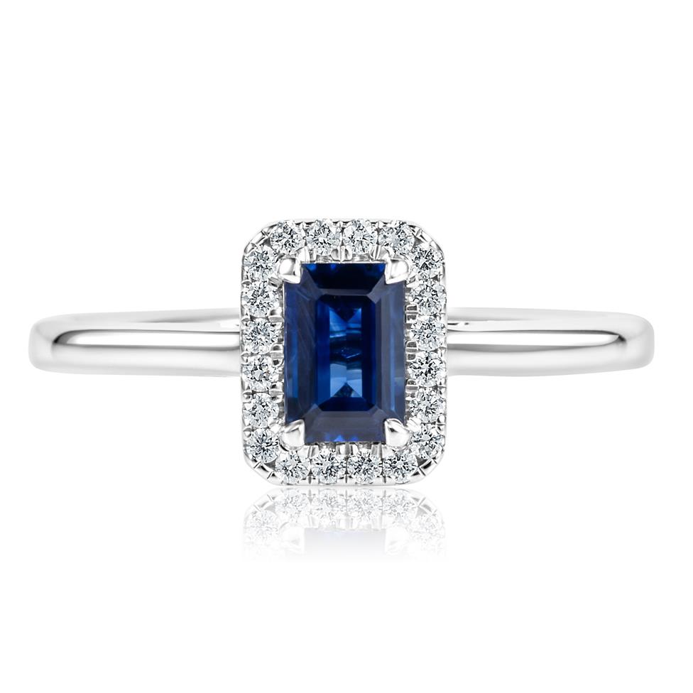 Platinum Emerald Cut Sapphire and Diamond Halo Engagement Ring Thumbnail Image 1