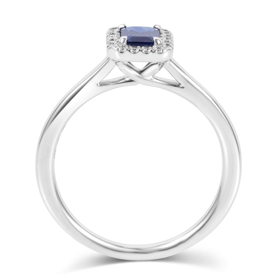 Platinum Emerald Cut Sapphire and Diamond Halo Engagement Ring Thumbnail Image 2