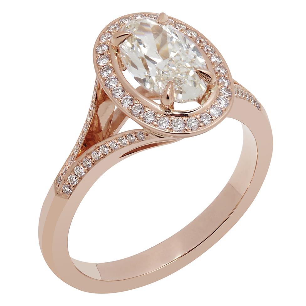 18ct Rose Gold Split Shoulder Design Oval Shape Diamond Halo Dress Ring 1.33ct Thumbnail Image 0