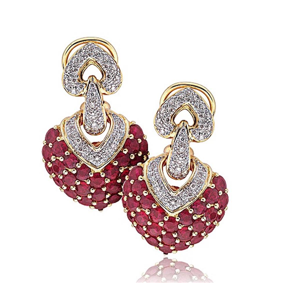 18ct Yellow Gold Statement Ruby and Diamond Heart Earrings Thumbnail Image 0