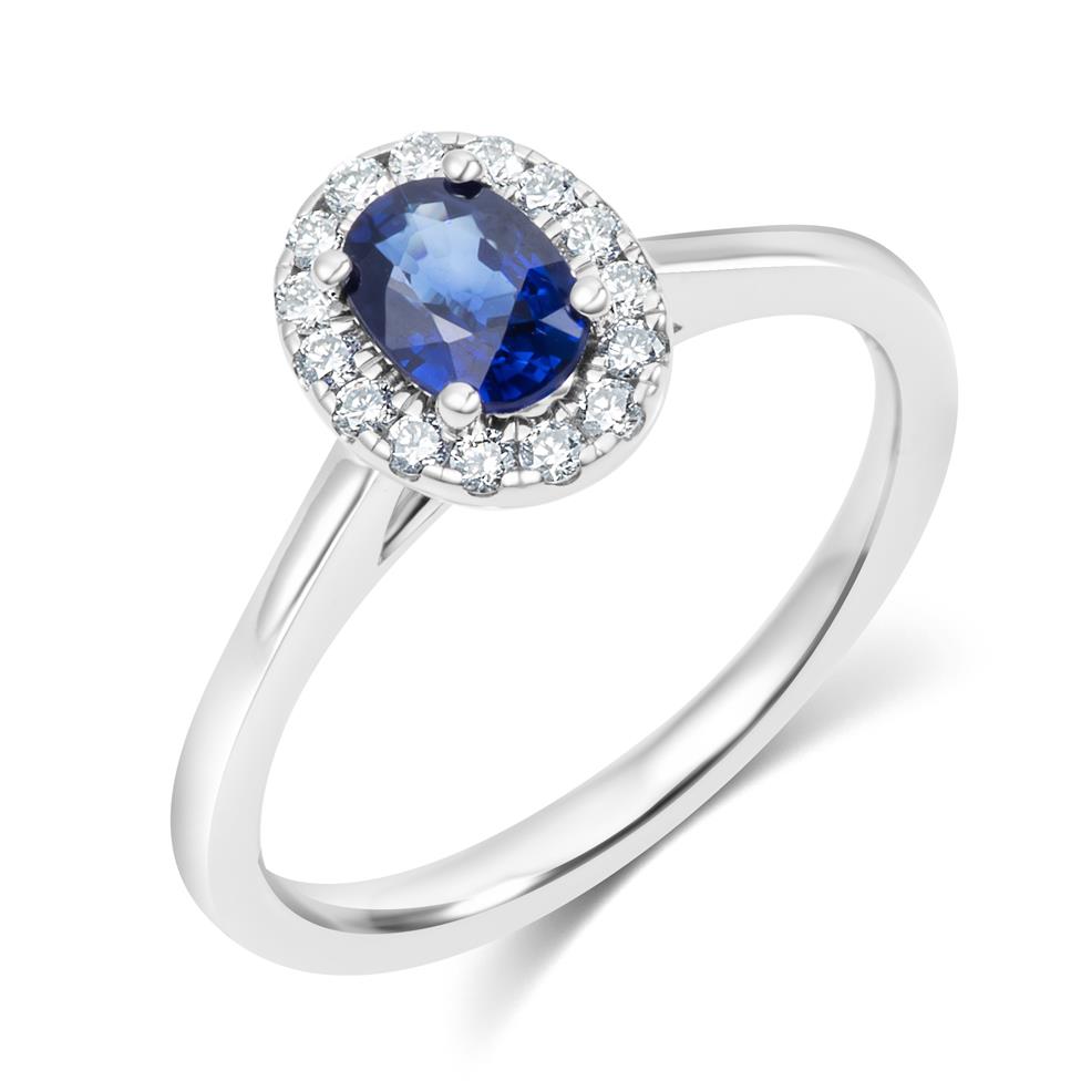 18ct White Gold Sapphire and Diamond Halo Engagement Ring Thumbnail Image 0