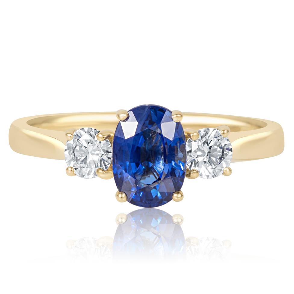 18ct Yellow Gold Oval Sapphire and Diamond Three Stone Engagement Ring Thumbnail Image 1