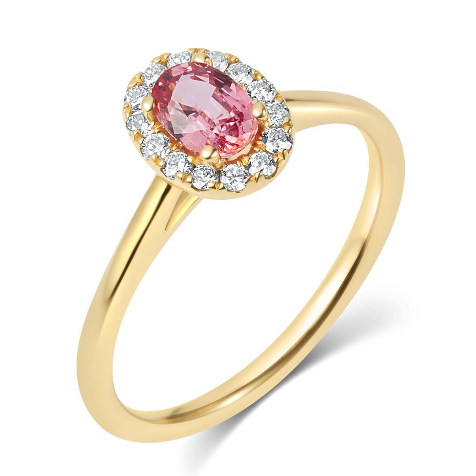 18ct Yellow Gold Oval Padparadscha Sapphire and Diamond Halo Engagement Ring Thumbnail Image 0