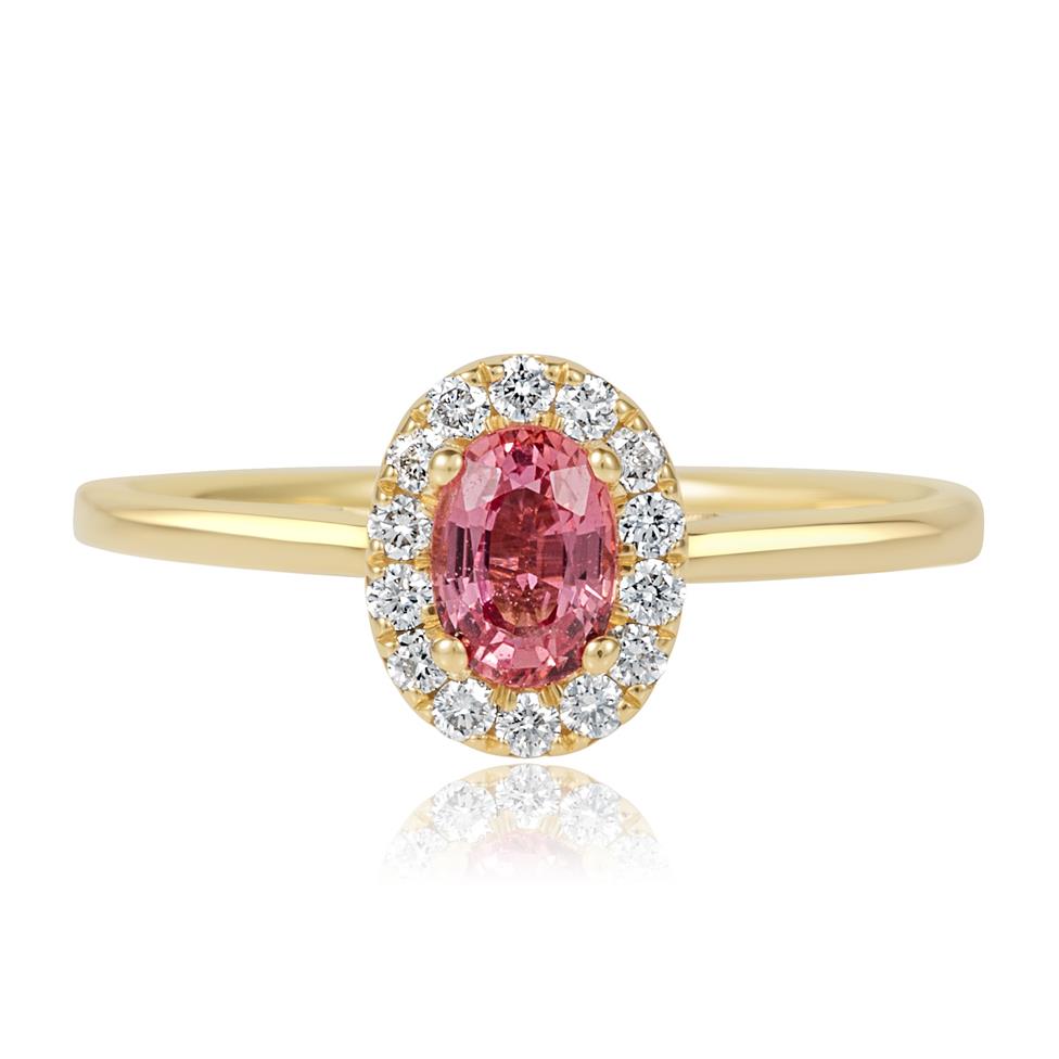18ct Yellow Gold Oval Padparadscha Sapphire and Diamond Halo Engagement Ring Thumbnail Image 1