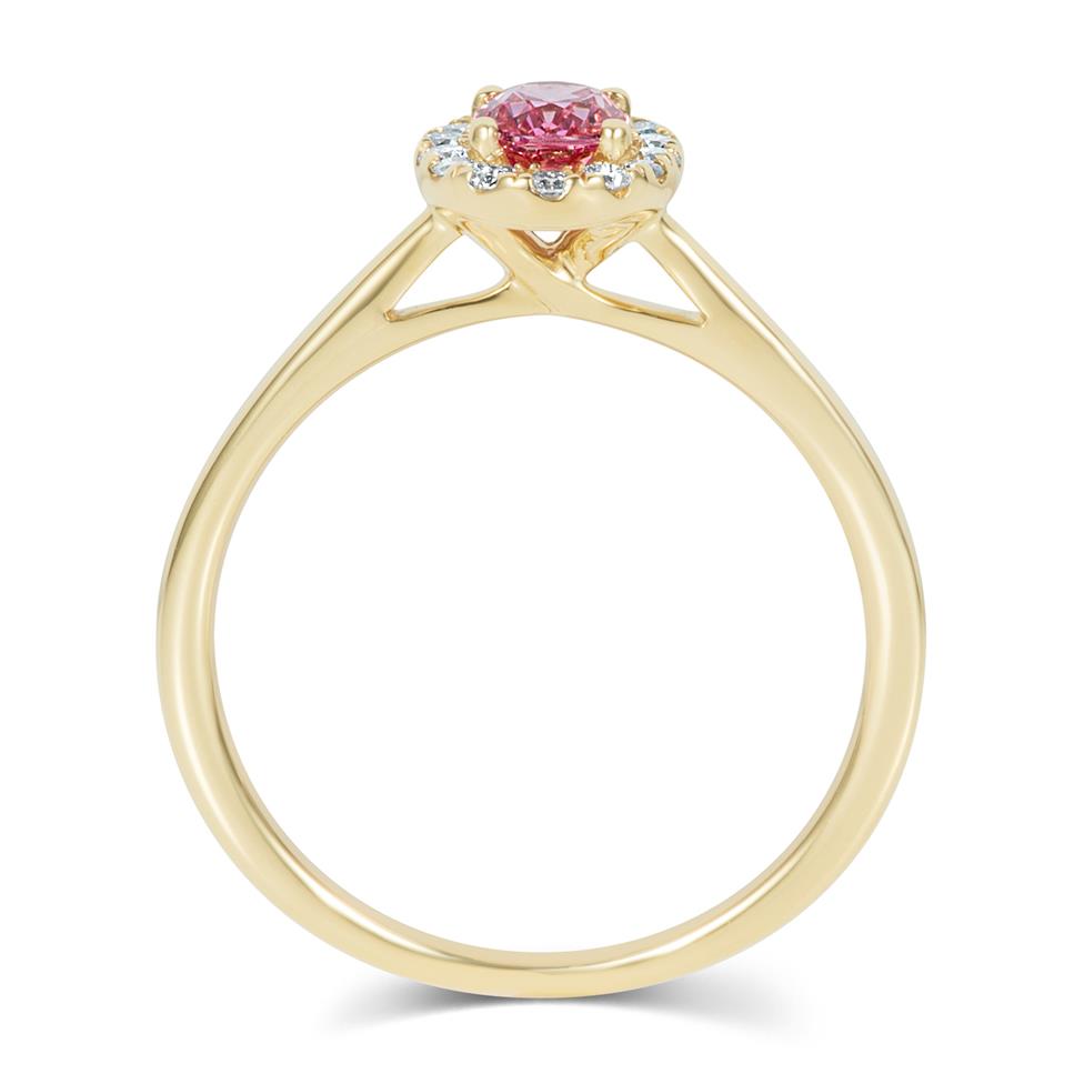 18ct Yellow Gold Oval Padparadscha Sapphire and Diamond Halo Engagement Ring Thumbnail Image 2