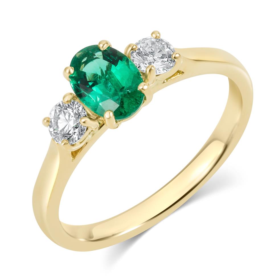 18ct Yellow Gold Oval Emerald and Diamond Three Stone Engagement Ring Thumbnail Image 0