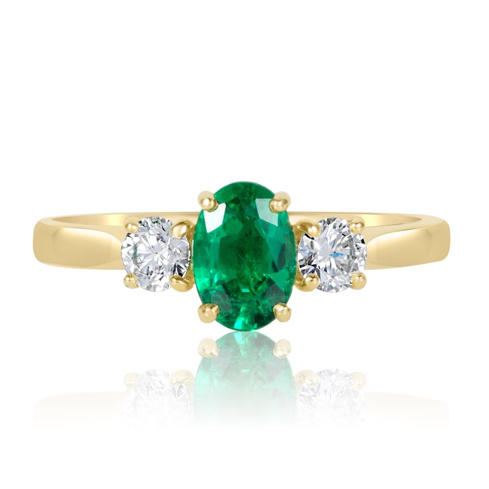 18ct Yellow Gold Oval Emerald and Diamond Three Stone Engagement Ring Thumbnail Image 2