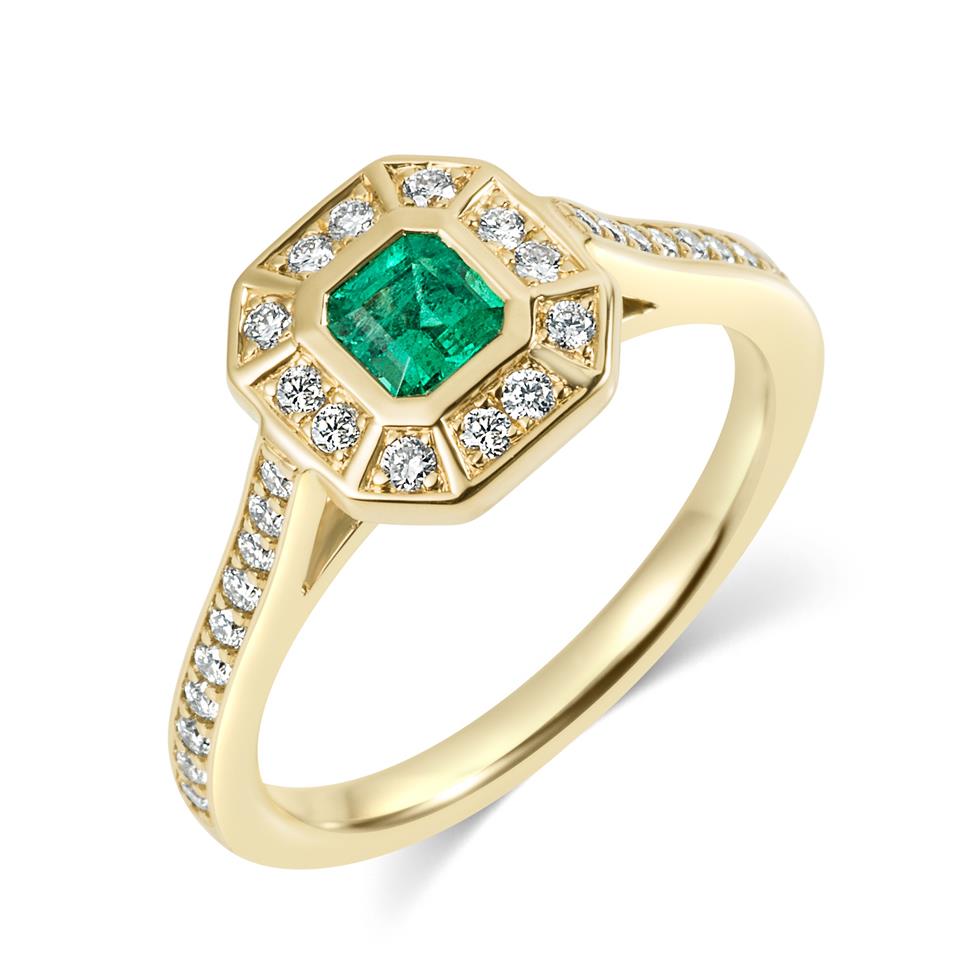 18ct Yellow Gold Art Deco Design Emerald and Diamond Cluster Dress Ring Thumbnail Image 0