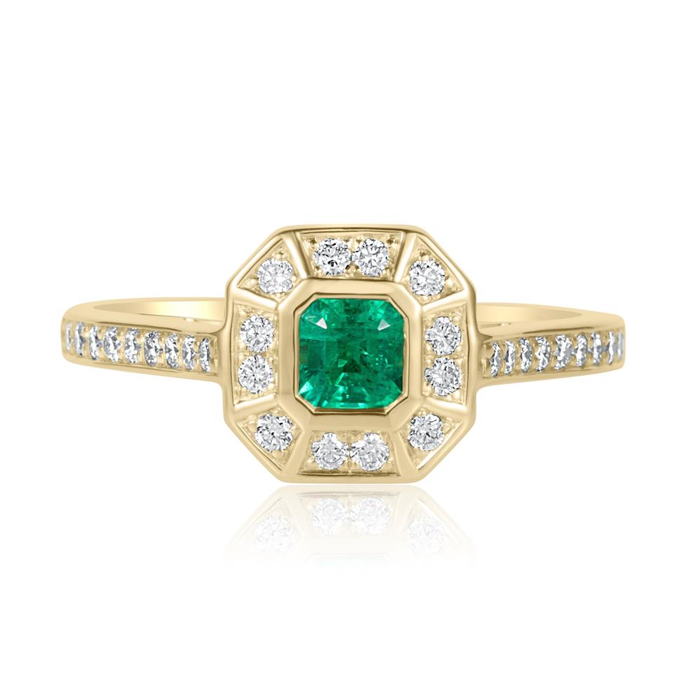 18ct Yellow Gold Art Deco Design Emerald and Diamond Cluster Dress Ring Thumbnail Image 1