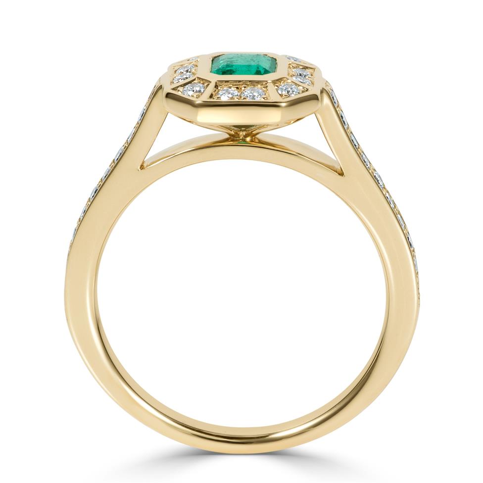 18ct Yellow Gold Art Deco Design Emerald and Diamond Cluster Dress Ring Thumbnail Image 2