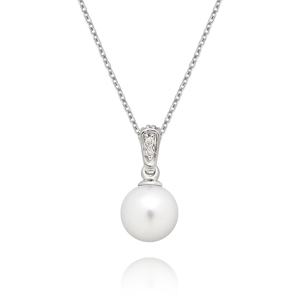 18ct White Gold 7.5mm Cultured Pearl and Diamond Drop Pendant Thumbnail Image 0