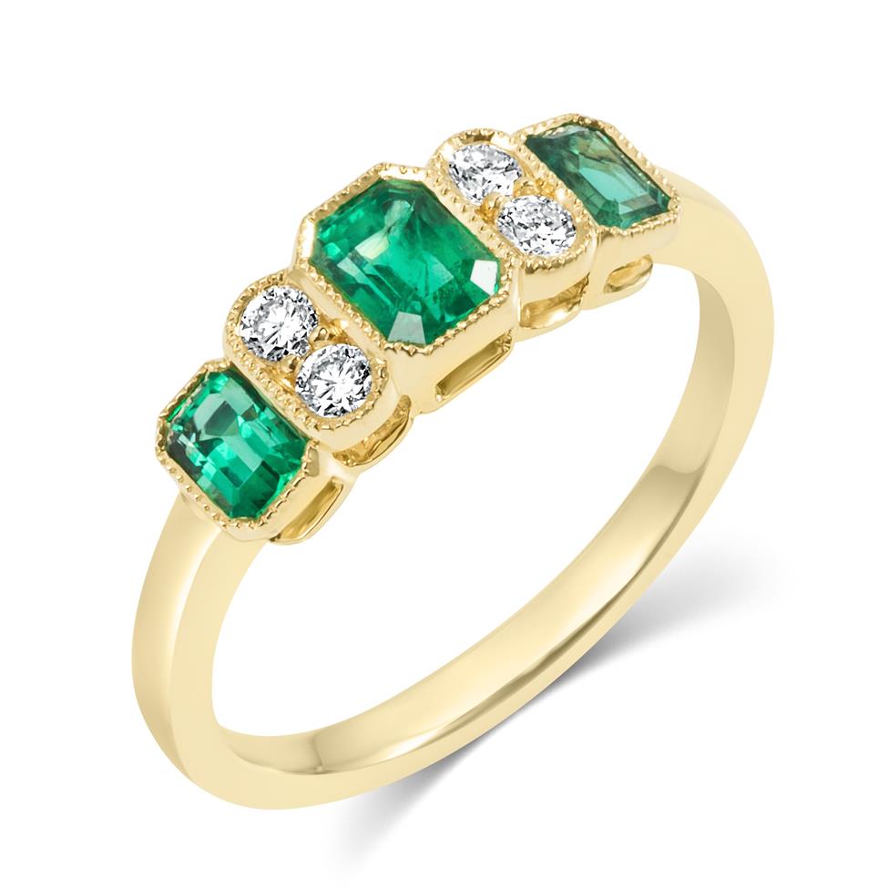 18ct Yellow Gold Milgrain Detail Emerald and Diamond Dress Ring Image 1