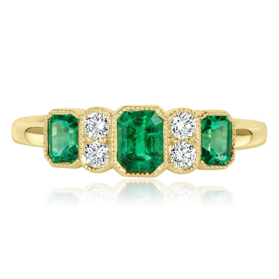 18ct Yellow Gold Milgrain Detail Emerald and Diamond Dress Ring Thumbnail Image 2