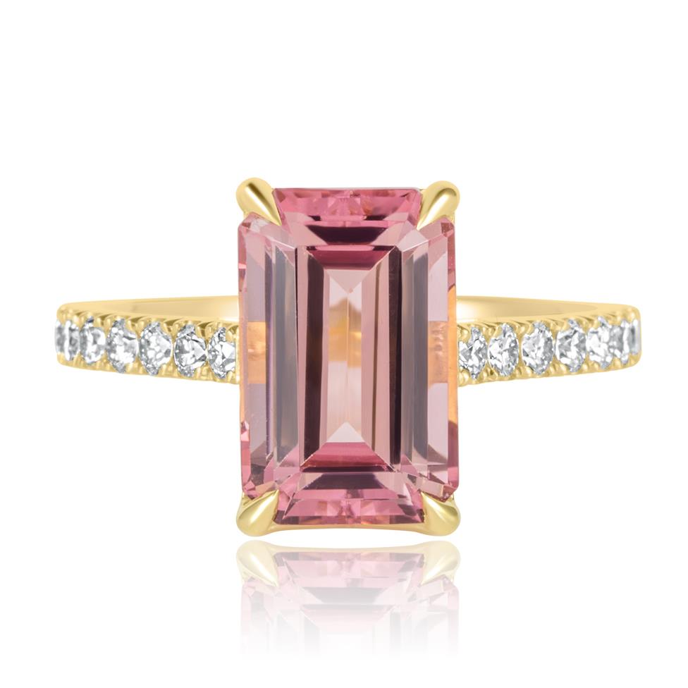 18ct Yellow Gold Emerald Cut Rose Tourmaline Dress Ring Thumbnail Image 2