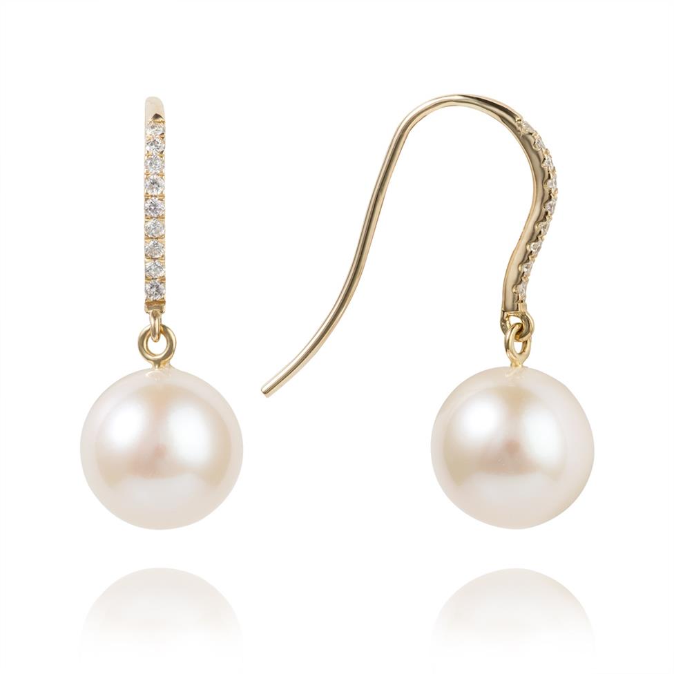 18ct Yellow Gold Freshwater Pearl and Diamond Drop Earrings Thumbnail Image 0