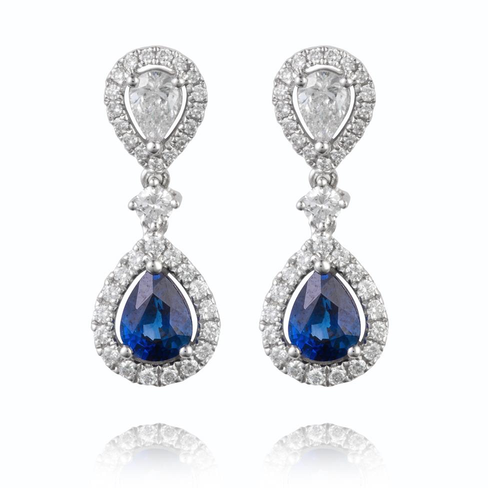 18ct White Gold Pear Shape Sapphire and Diamond Drop Earrings Thumbnail Image 0