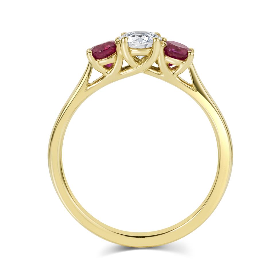 18ct Yellow Gold Diamond and Ruby Three Stone Engagement Ring Thumbnail Image 2