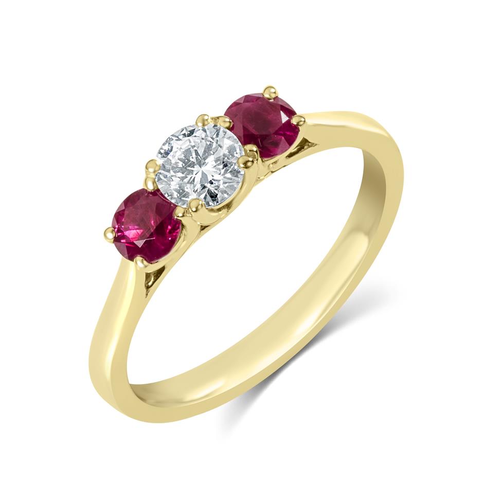 18ct Yellow Gold Diamond and Ruby Three Stone Engagement Ring Thumbnail Image 0