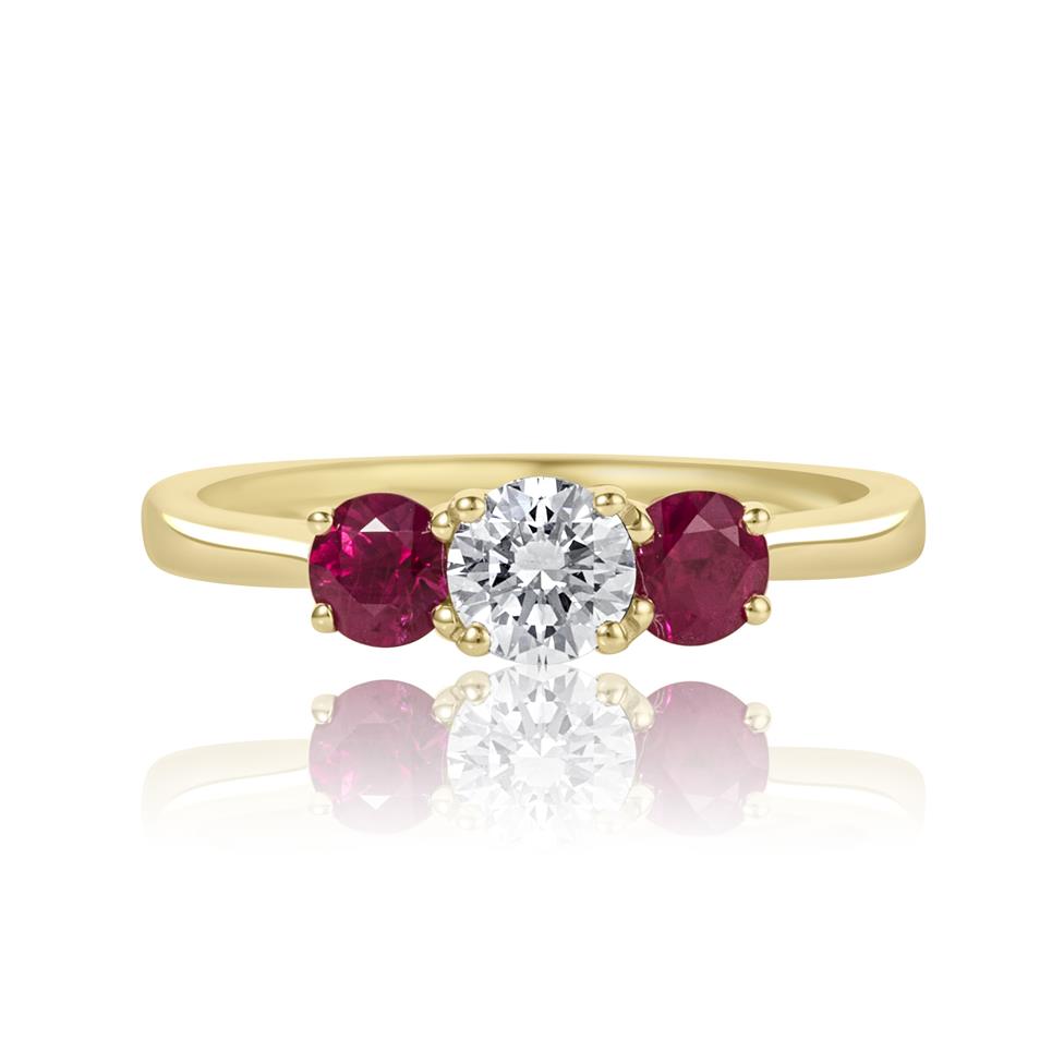 18ct Yellow Gold Diamond and Ruby Three Stone Engagement Ring Thumbnail Image 1
