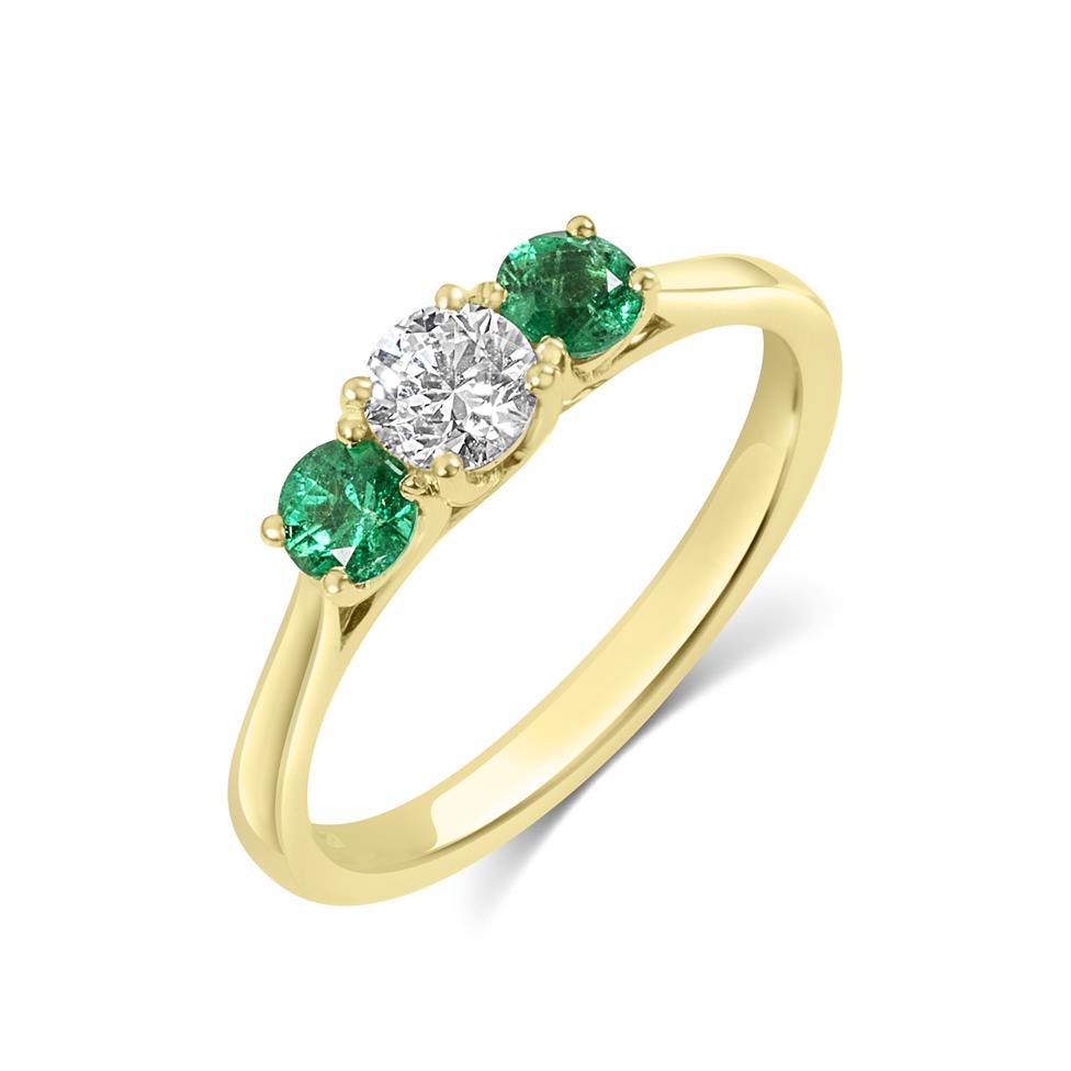 18ct Yellow Gold Diamond and Emerald Three Stone Engagement Ring Thumbnail Image 0
