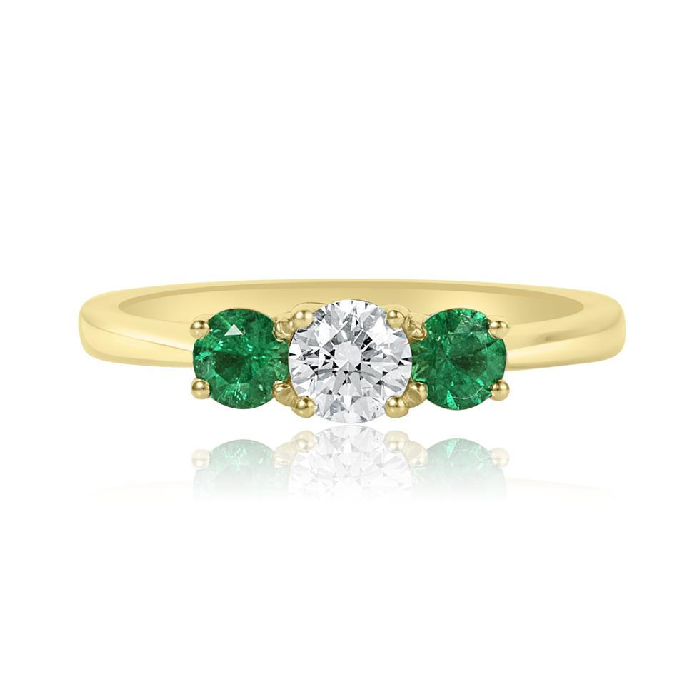 18ct Yellow Gold Diamond and Emerald Three Stone Engagement Ring Thumbnail Image 1