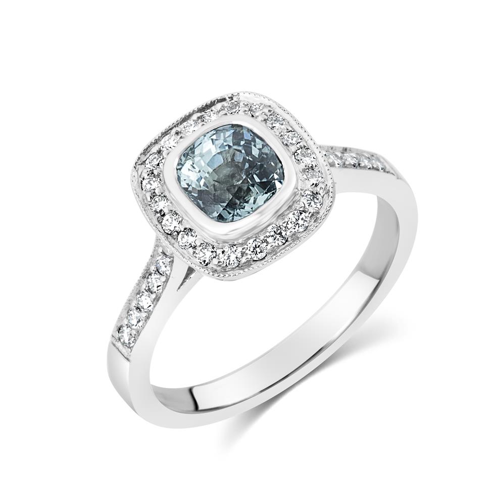 Platinum Blue-green Sapphire and Diamond Halo Engagement Ring Thumbnail Image 0