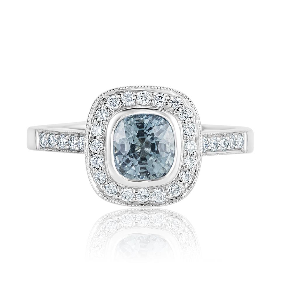 Platinum Blue-green Sapphire and Diamond Halo Engagement Ring Thumbnail Image 1